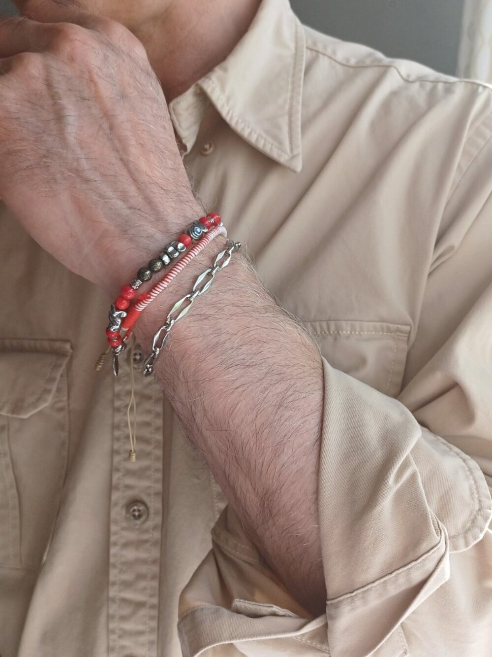 New men's coral with hematite stainless steel original design bracelet
